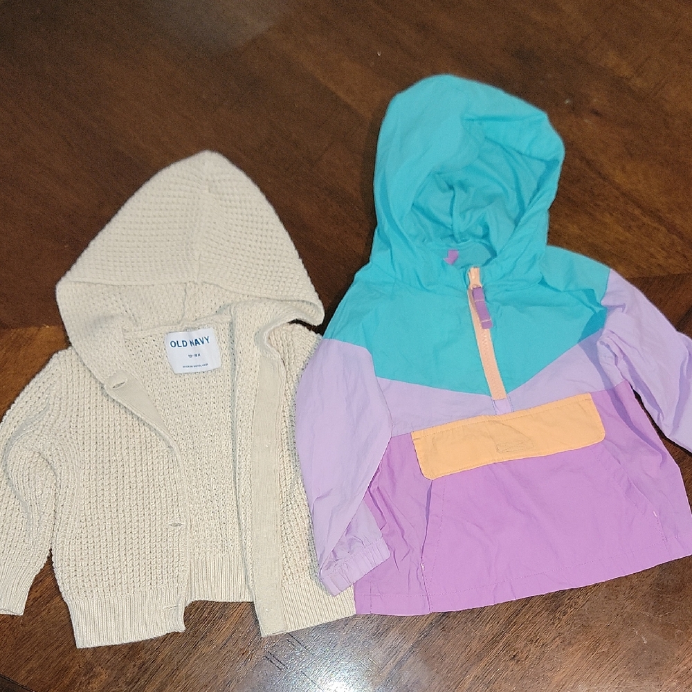 Babygirl Lot Of 2 Cat&Jack Purple Windbreaker 18m Old Navy Cream Knit 12-18m
